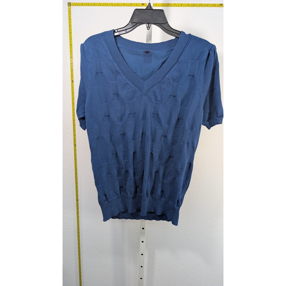 Arach & Cloz Blue Textured Knit‎ V-Neck Short puffed Sleeve Geometric Blue L